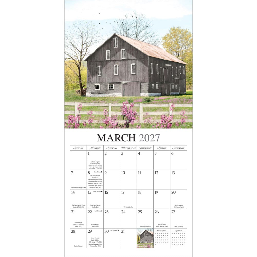 Beckoning Barns | 2027 7 x 14 Inch (Hanging) Monthly Mini Wall Calendar | Featuring the Artwork of Lori Deiter