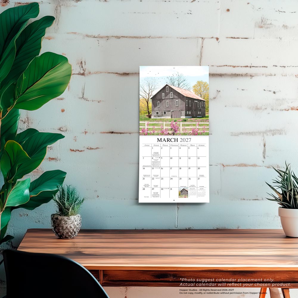 Beckoning Barns | 2027 7 x 14 Inch (Hanging) Monthly Mini Wall Calendar | Featuring the Artwork of Lori Deiter