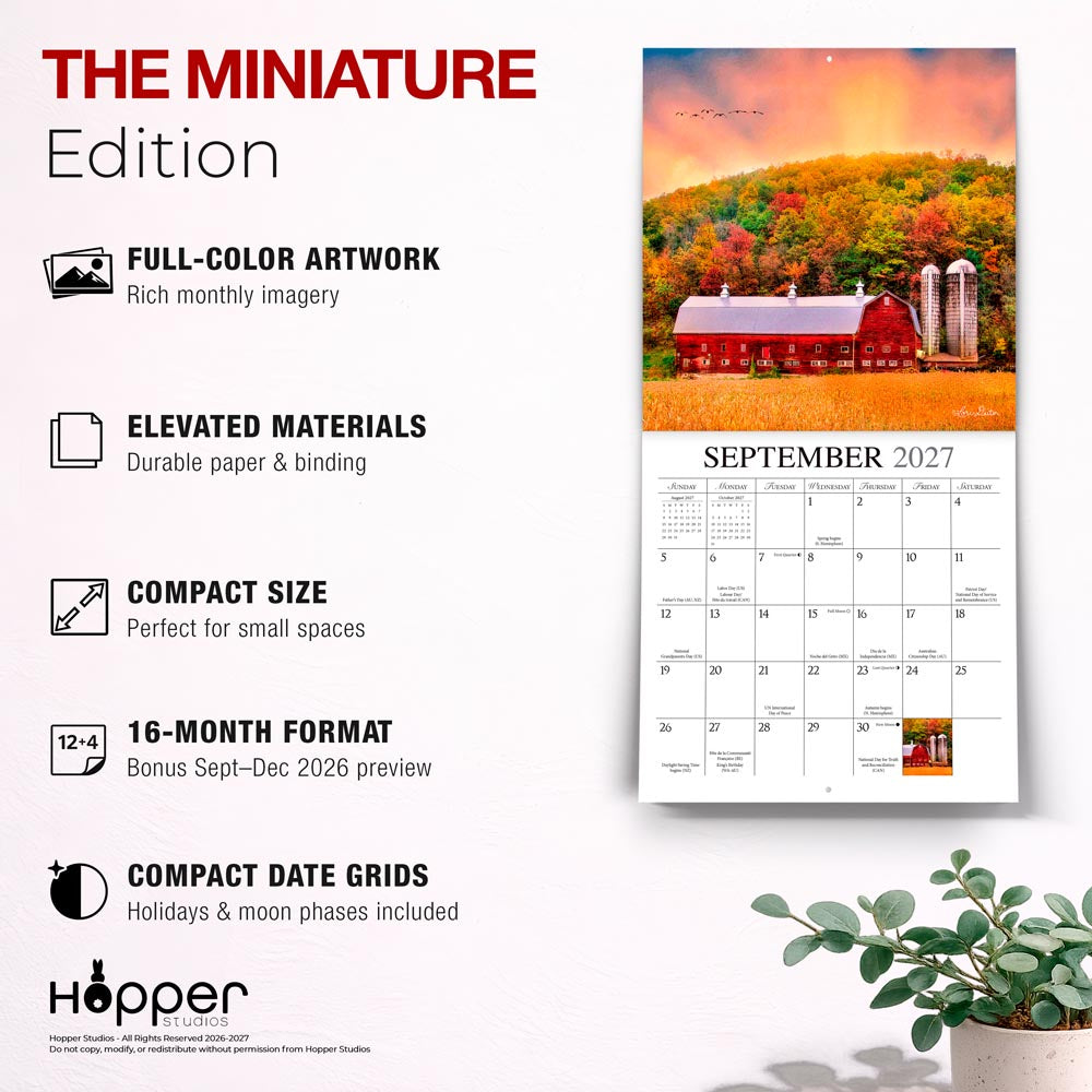 Beckoning Barns | 2027 7 x 14 Inch (Hanging) Monthly Mini Wall Calendar | Featuring the Artwork of Lori Deiter