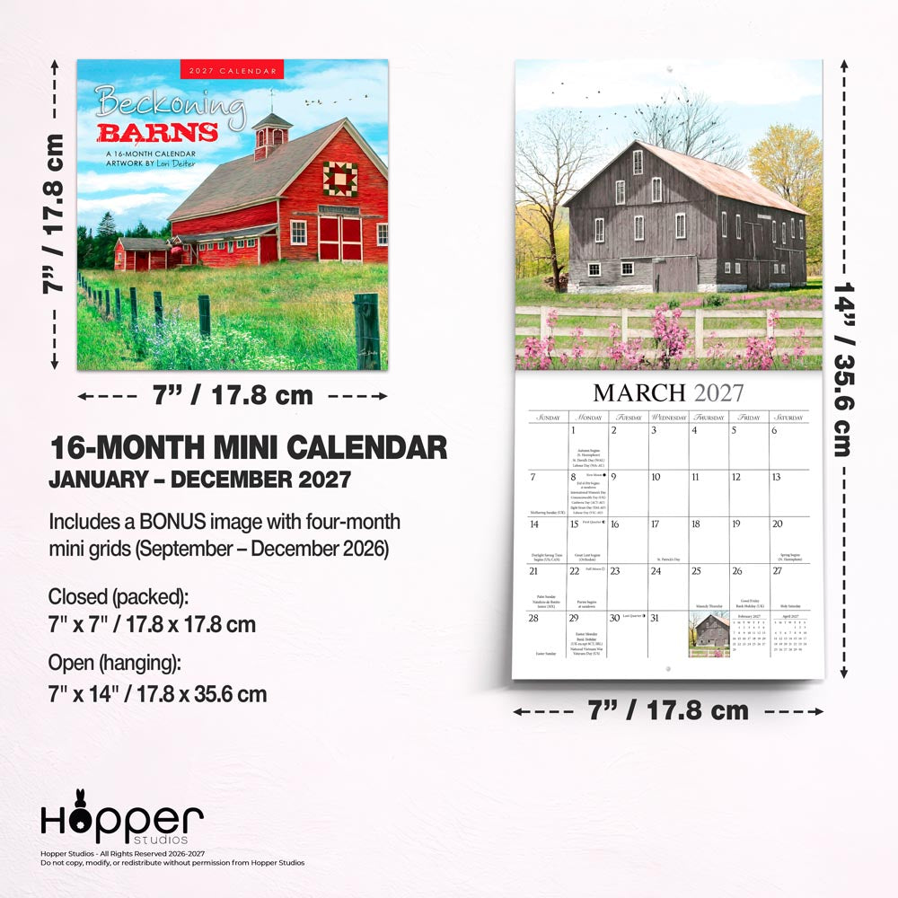 Beckoning Barns | 2027 7 x 14 Inch (Hanging) Monthly Mini Wall Calendar | Featuring the Artwork of Lori Deiter