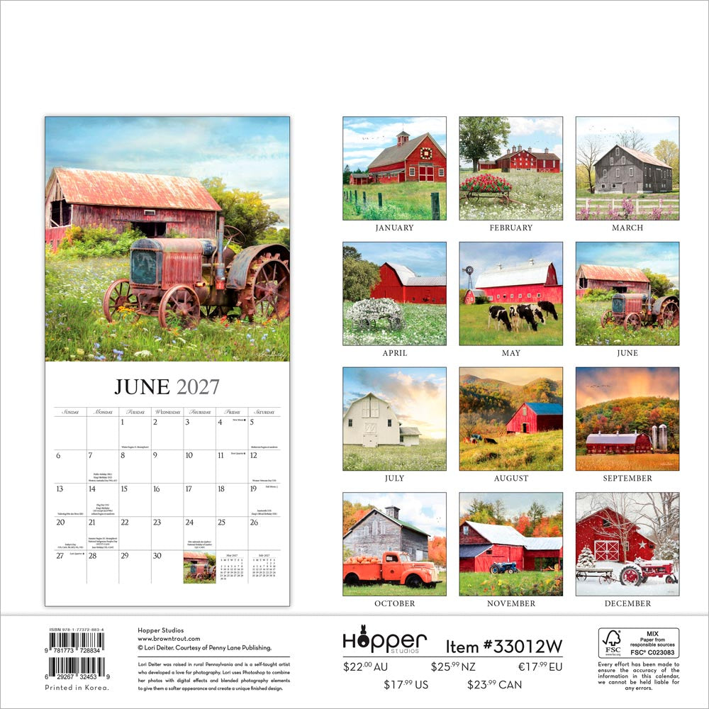Beckoning Barns | 2027 12 x 24 Inch (Hanging) Monthly Square Wall Calendar | Featuring the Artwork of Lori Deiter