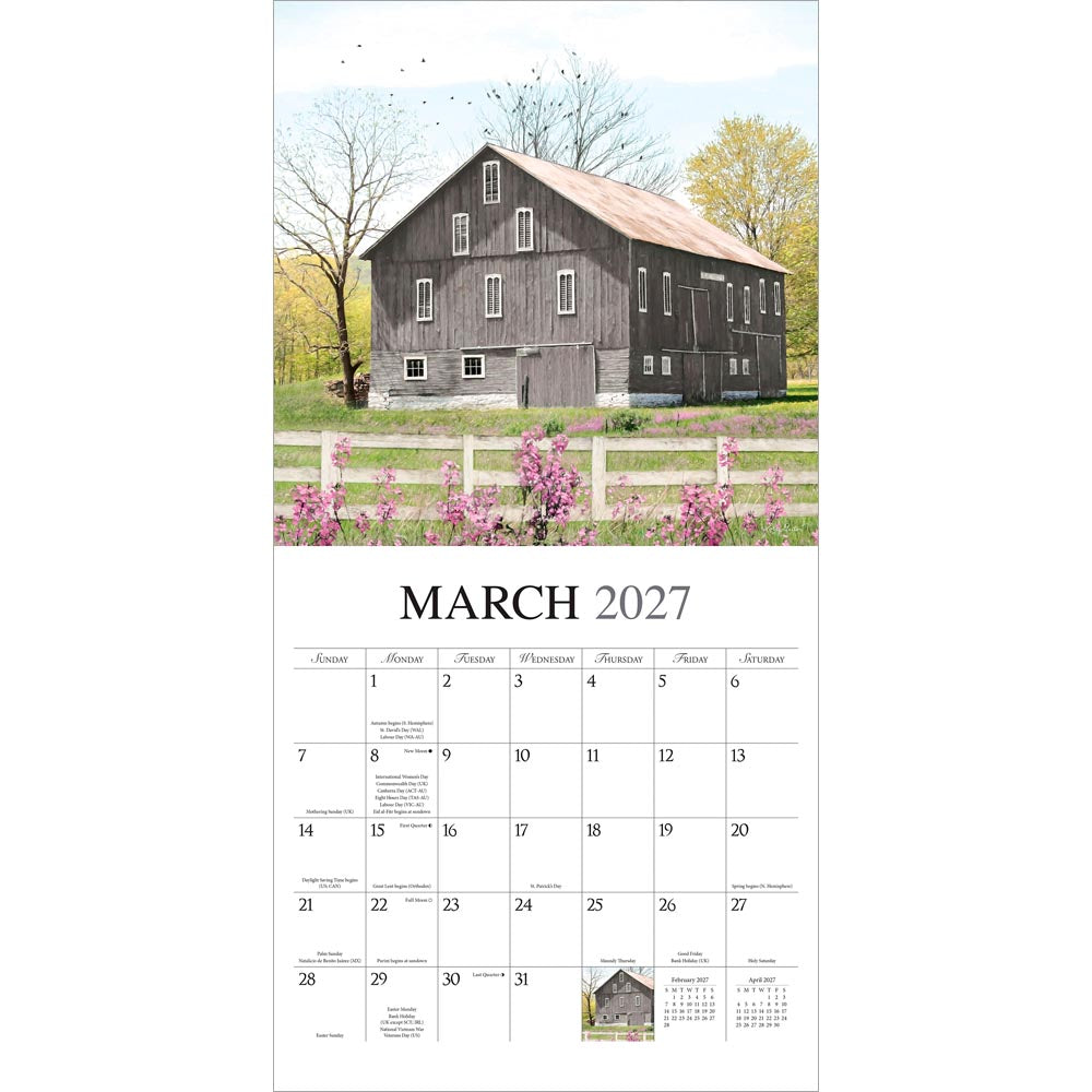Beckoning Barns | 2027 12 x 24 Inch (Hanging) Monthly Square Wall Calendar | Featuring the Artwork of Lori Deiter