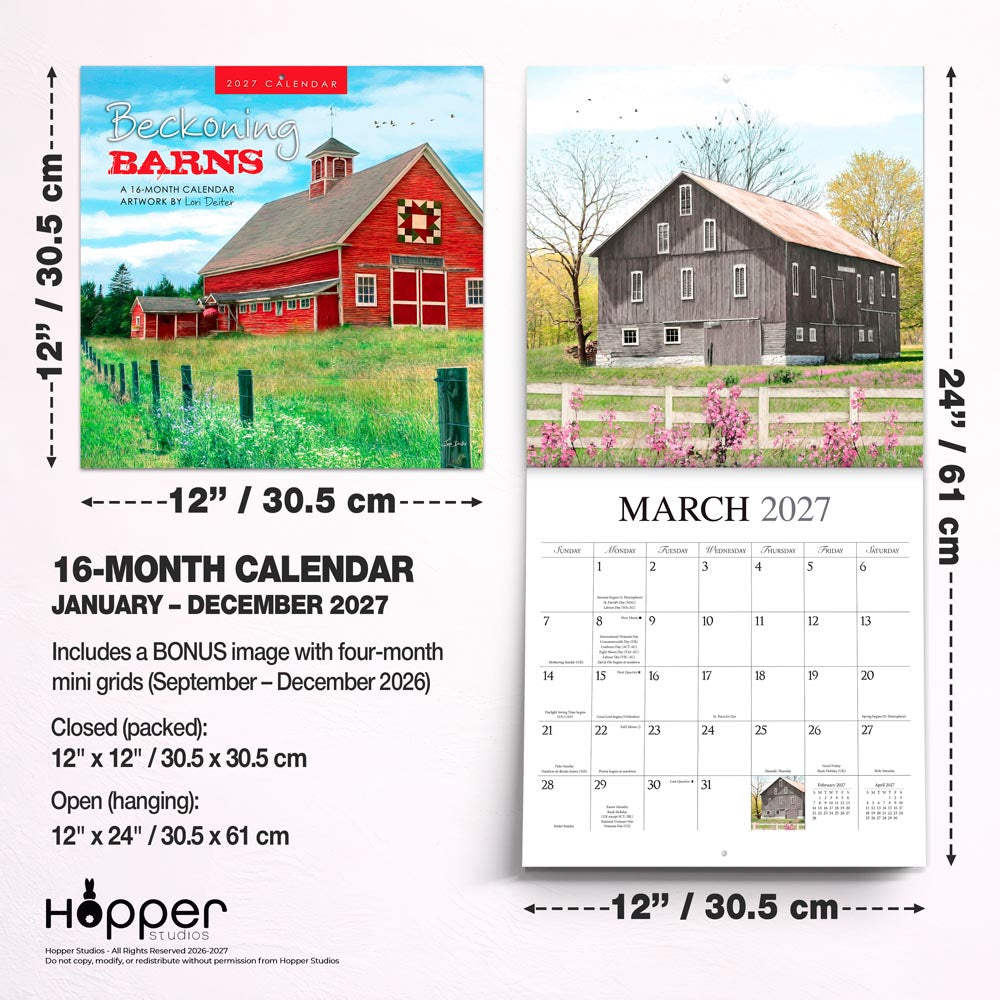 Beckoning Barns | 2027 12 x 24 Inch (Hanging) Monthly Square Wall Calendar | Featuring the Artwork of Lori Deiter