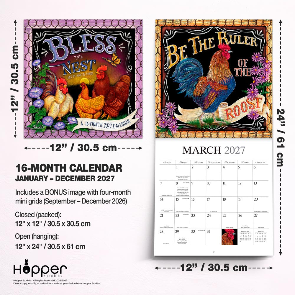 Bless This Nest | 2027 12 x 24 Inch (Hanging) Monthly Square Wall Calendar | Featuring the Artwork of Ninette Parisi