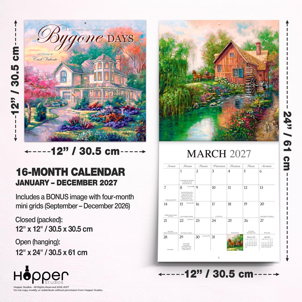 Bygone Days | 2027 12 x 24 Inch (Hanging) Monthly Square Wall Calendar | Featuring the Artwork of Carl Valente