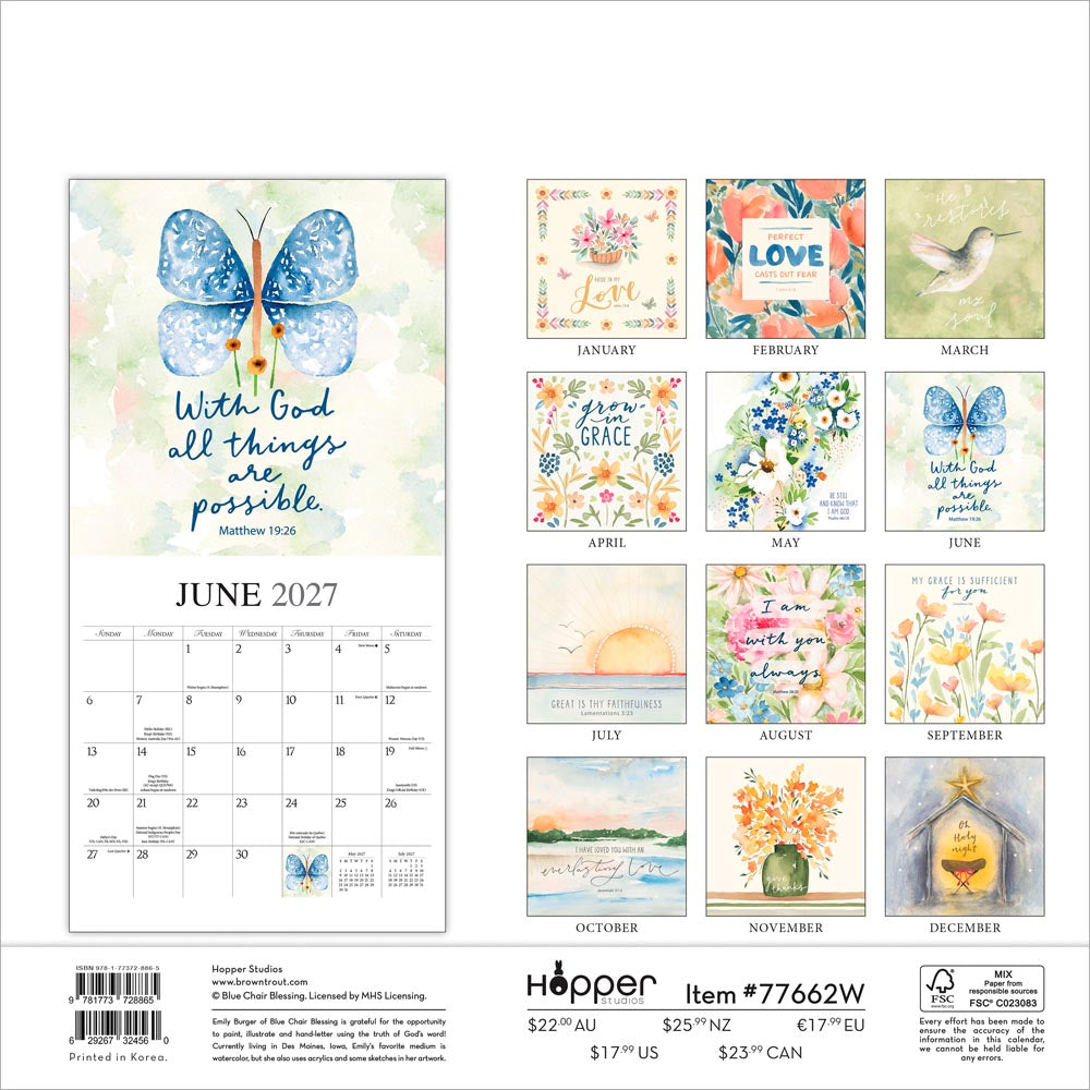 Faith | 2027 12 x 24 Inch (Hanging) Monthly Square Wall Calendar | Featuring the Artwork of Emily Burger of Blue Chair Blessing