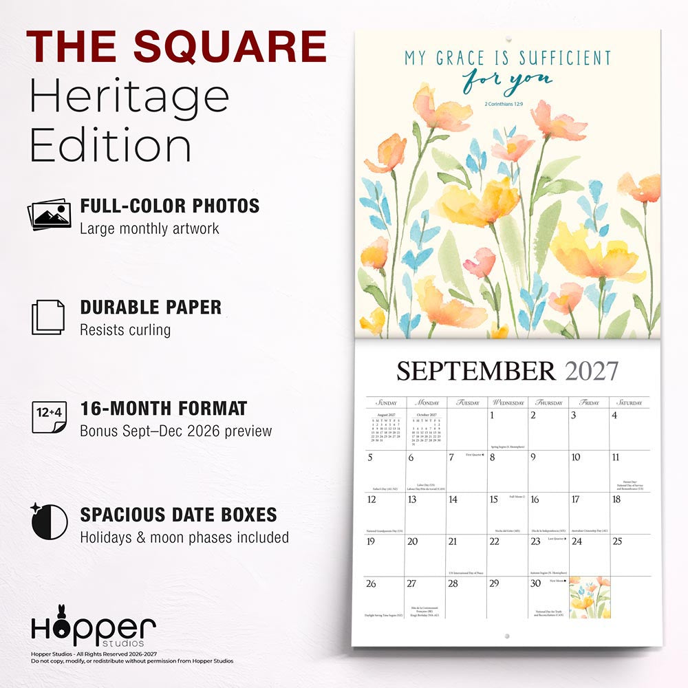 Faith | 2027 12 x 24 Inch (Hanging) Monthly Square Wall Calendar | Featuring the Artwork of Emily Burger of Blue Chair Blessing