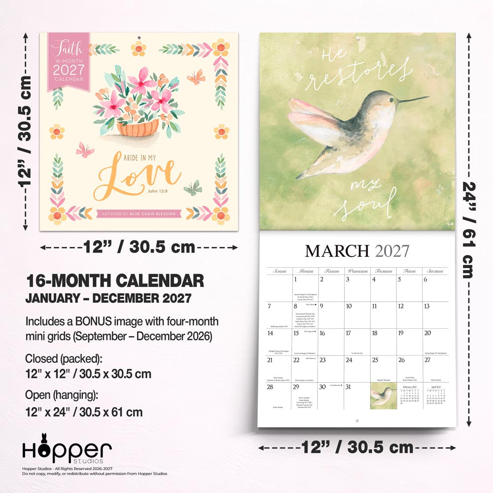 Faith | 2027 12 x 24 Inch (Hanging) Monthly Square Wall Calendar | Featuring the Artwork of Emily Burger of Blue Chair Blessing