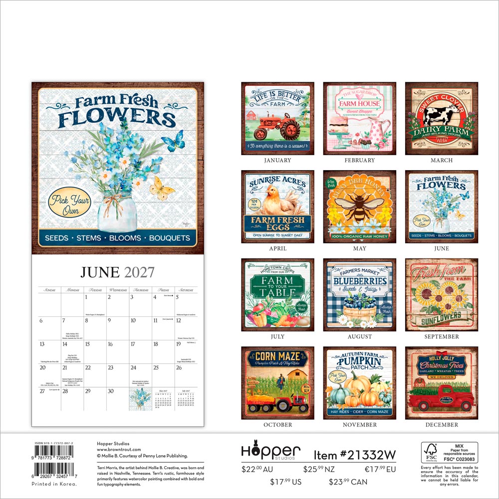 Farmer's Market | 2027 12 x 24 Inch (Hanging) Monthly Square Wall Calendar | Featuring the Artwork of Terri Morris