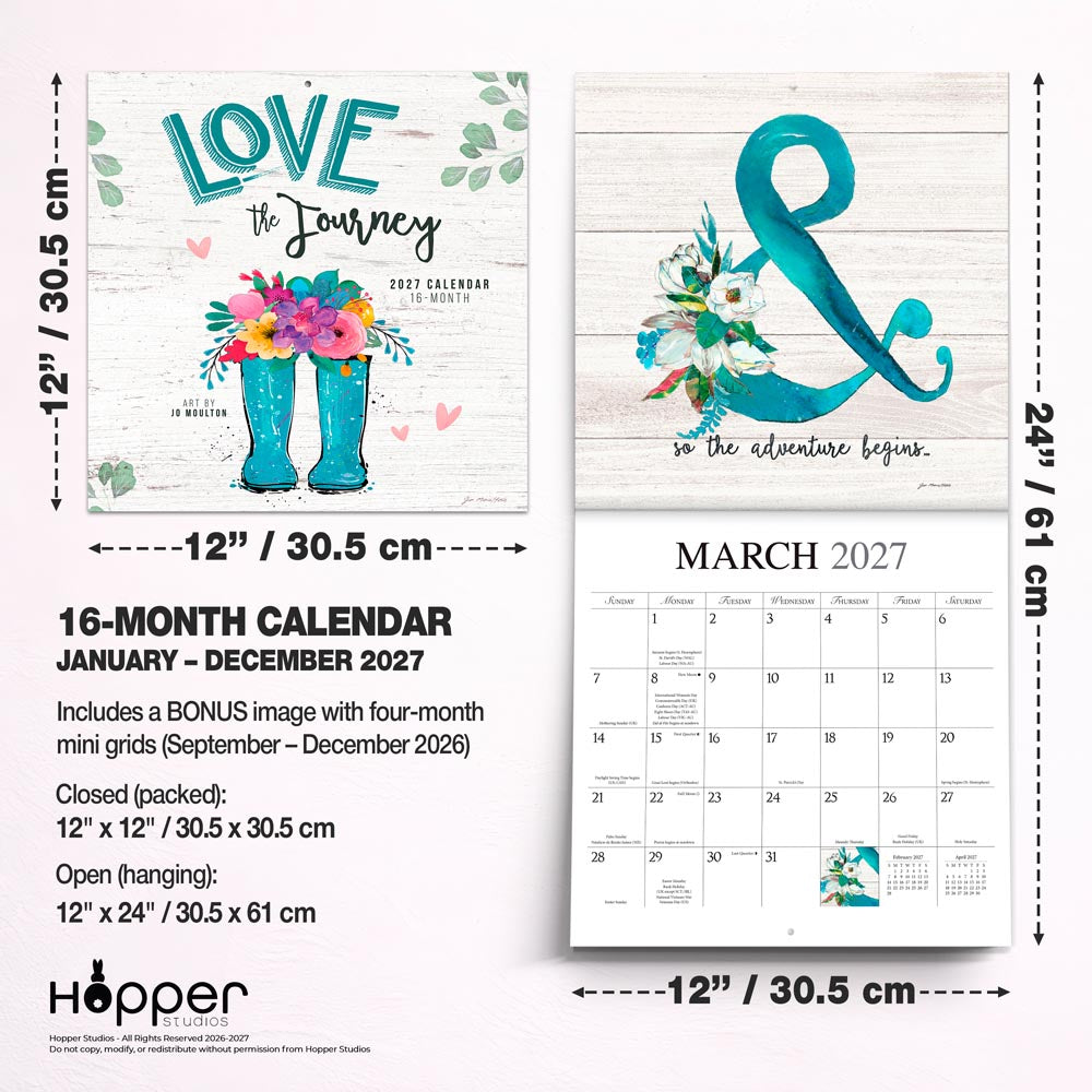 Love the Journey | 2027 12 x 24 Inch (Hanging) Monthly Square Wall Calendar | Featuring the Artwork of Jo Moulton