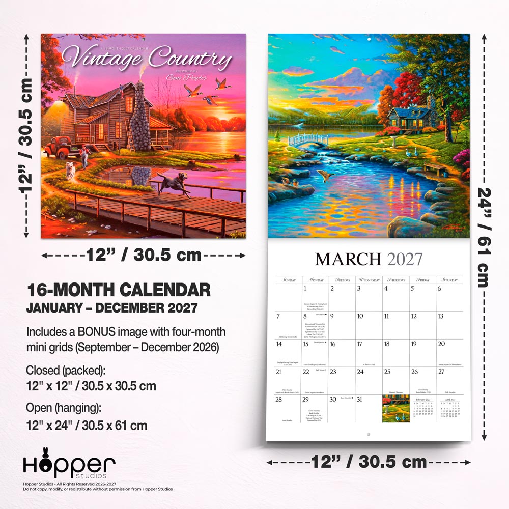 Vintage Country | 2027 12 x 24 Inch (Hanging) Monthly Square Wall Calendar | Featuring the Artwork of Geno Peoples