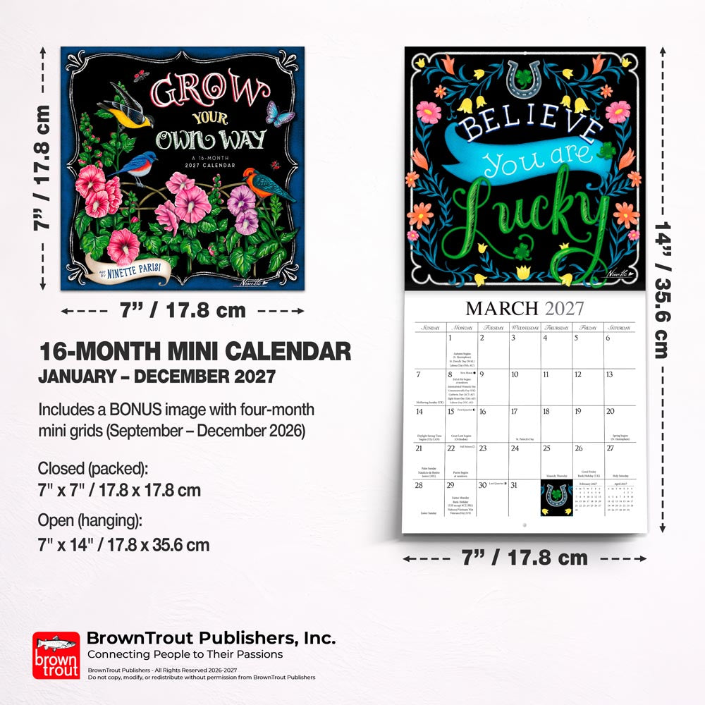 Grow Your Own Way | 2027 7 x 14 Inch (Hanging) Monthly Mini Wall Calendar | Featuring the Artwork of Ninette Parisi
