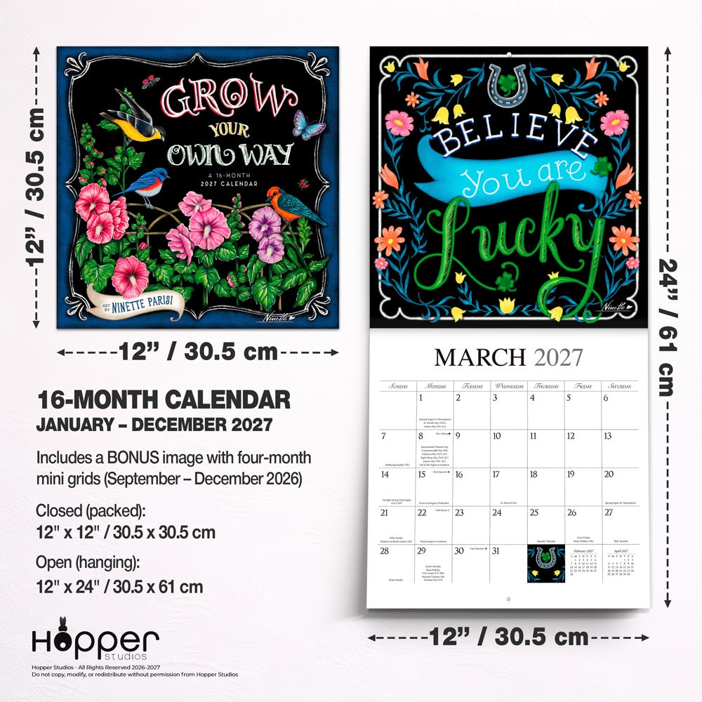 Grow Your Own Way | 2027 12 x 24 Inch (Hanging) Monthly Square Wall Calendar | Featuring the Artwork of Ninette Parisi