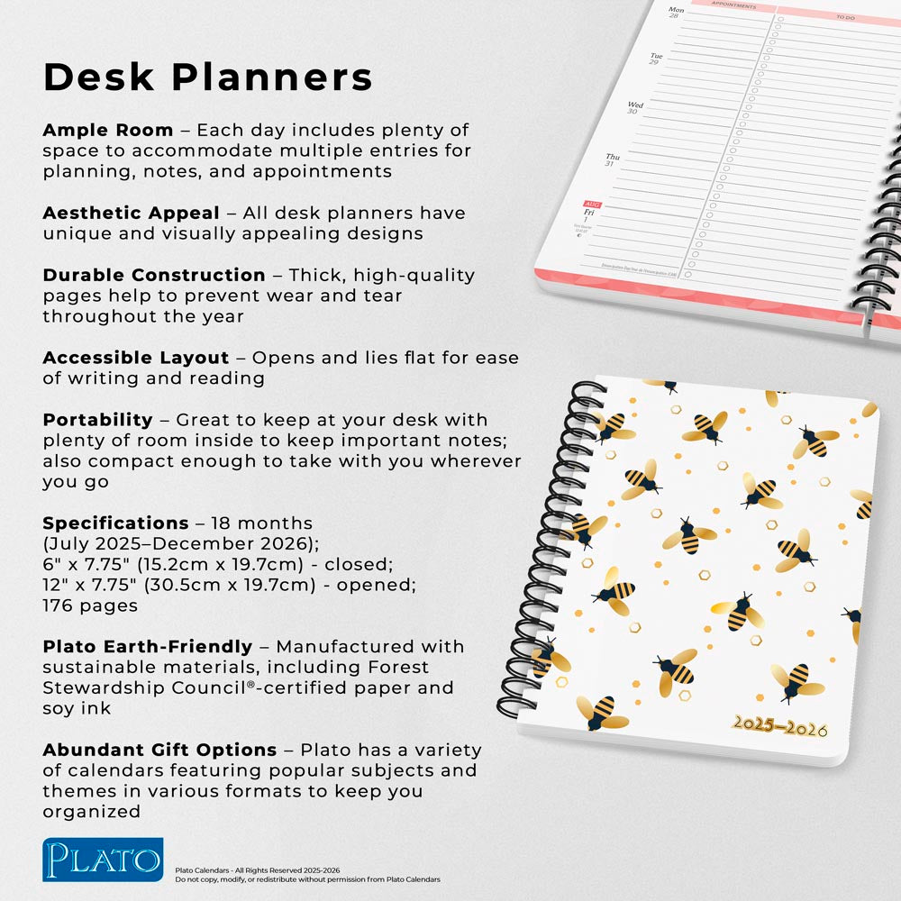 Busy Bees | 2026 6 x 7.75 Inch 18 Months Weekly Desk Planner | Foil Stamped Cover | July 2025 - December 2026