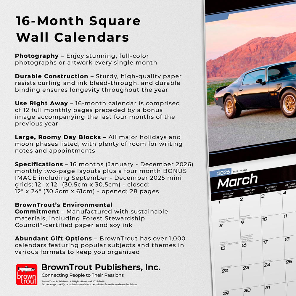 American Muscle Cars OFFICIAL | 2026 12 x 24 Inch (Hanging) Monthly Square Wall Calendar | Foil Stamped Cover