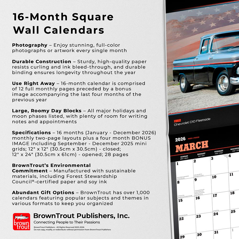American Muscle Trucks OFFICIAL | 2026 12 x 24 Inch (Hanging) Monthly Square Wall Calendar | Foil Stamped Cover