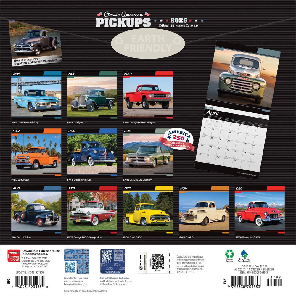 Classic American Pickups OFFICIAL | 2026 12 x 24 Inch (Hanging) Monthly Square Wall Calendar | Foil Stamped Cover