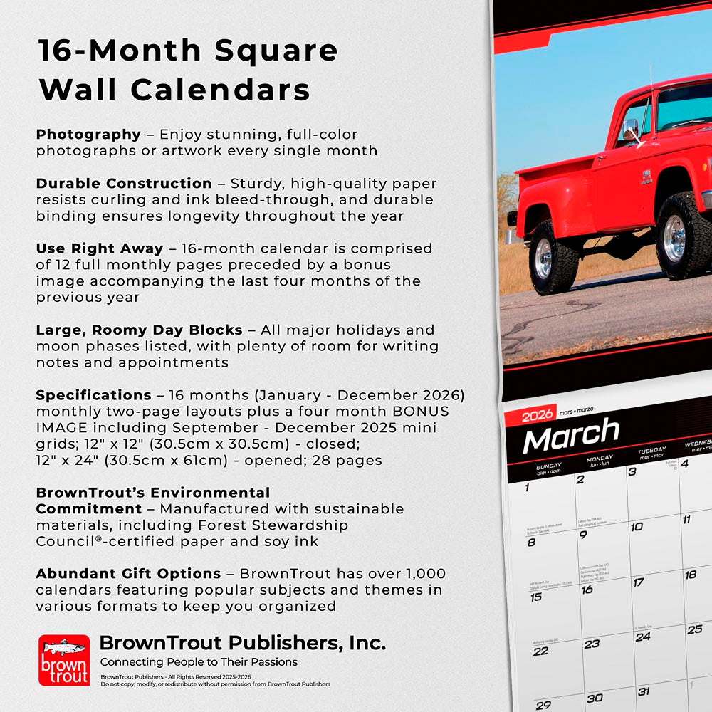 Classic American Pickups OFFICIAL | 2026 12 x 24 Inch (Hanging) Monthly Square Wall Calendar | Foil Stamped Cover