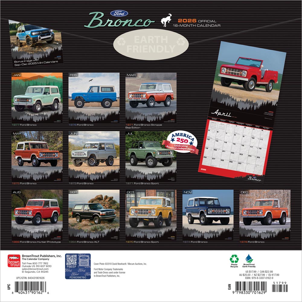 Ford Bronco OFFICIAL | 2026 12 x 24 Inch (Hanging) Monthly Square Wall Calendar
