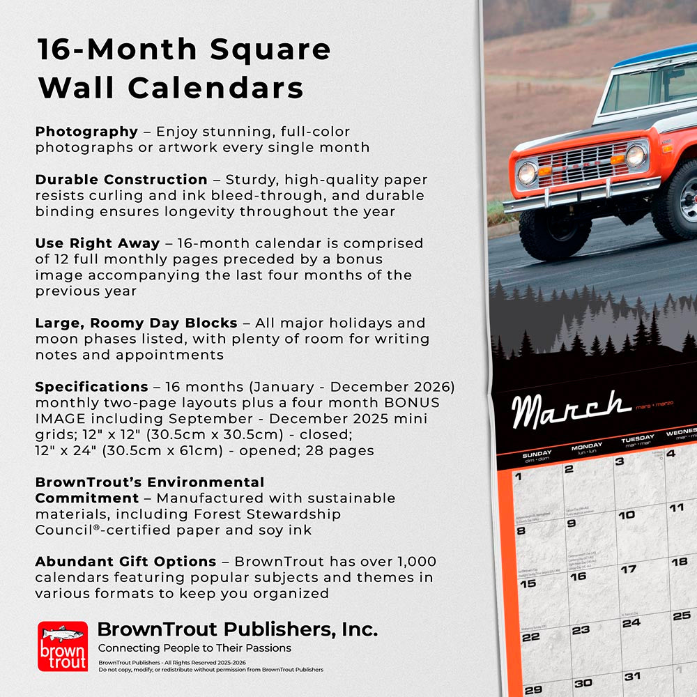 Ford Bronco OFFICIAL | 2026 12 x 24 Inch (Hanging) Monthly Square Wall Calendar