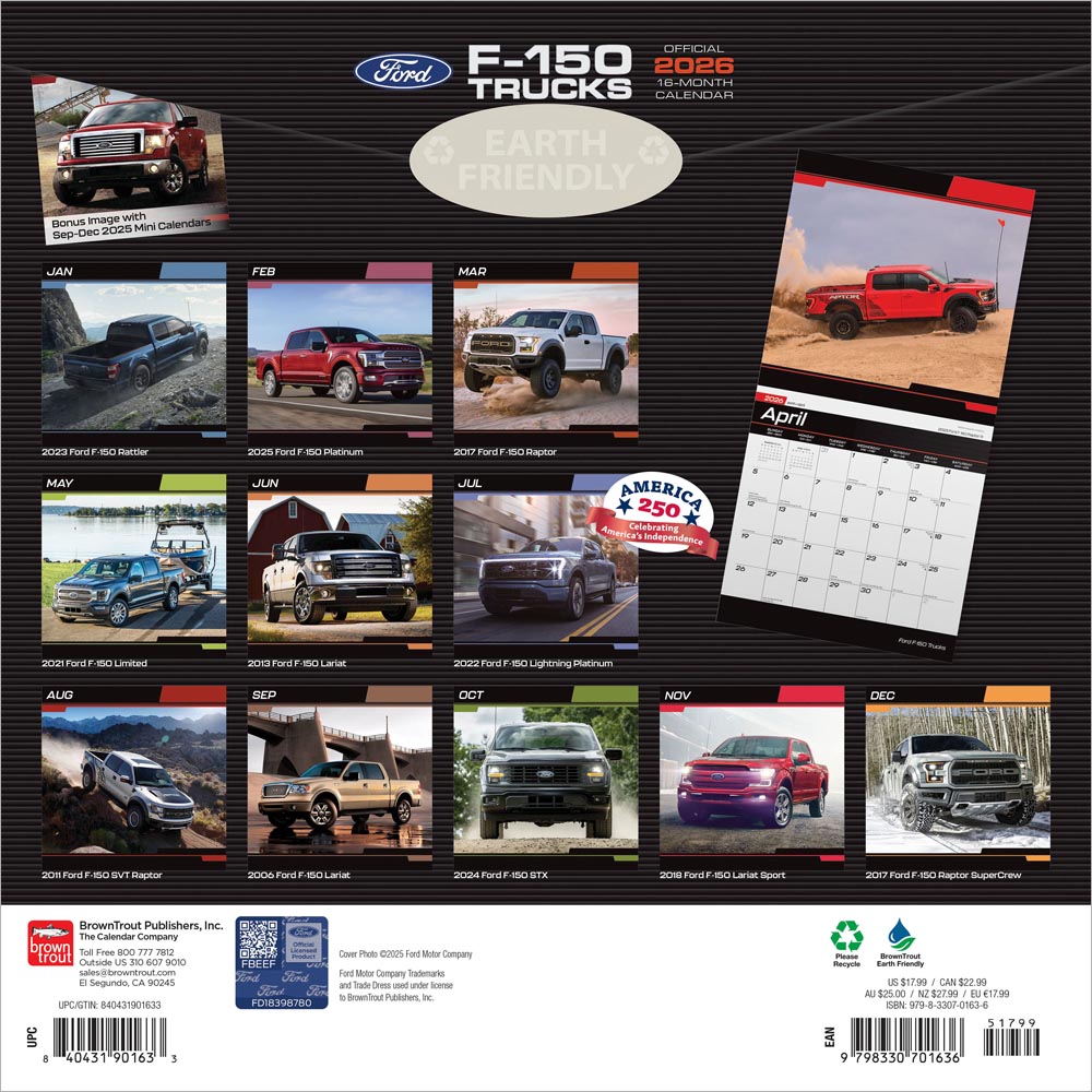 Ford F150 Trucks OFFICIAL | 2026 12 x 24 Inch (Hanging) Monthly Square Wall Calendar