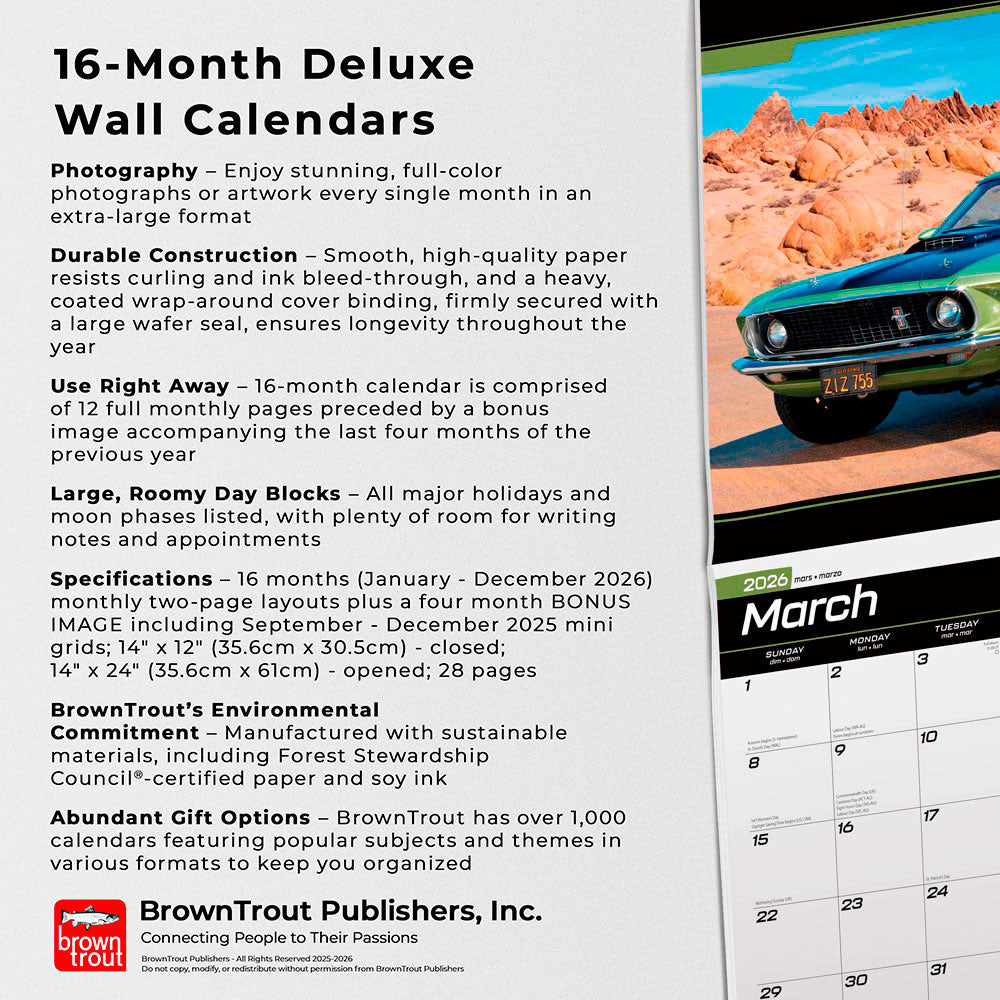 Ford Mustang OFFICIAL | 2026 14 x 24 Inch (Hanging) Monthly Deluxe Wall Calendar | Foil Stamped Cover