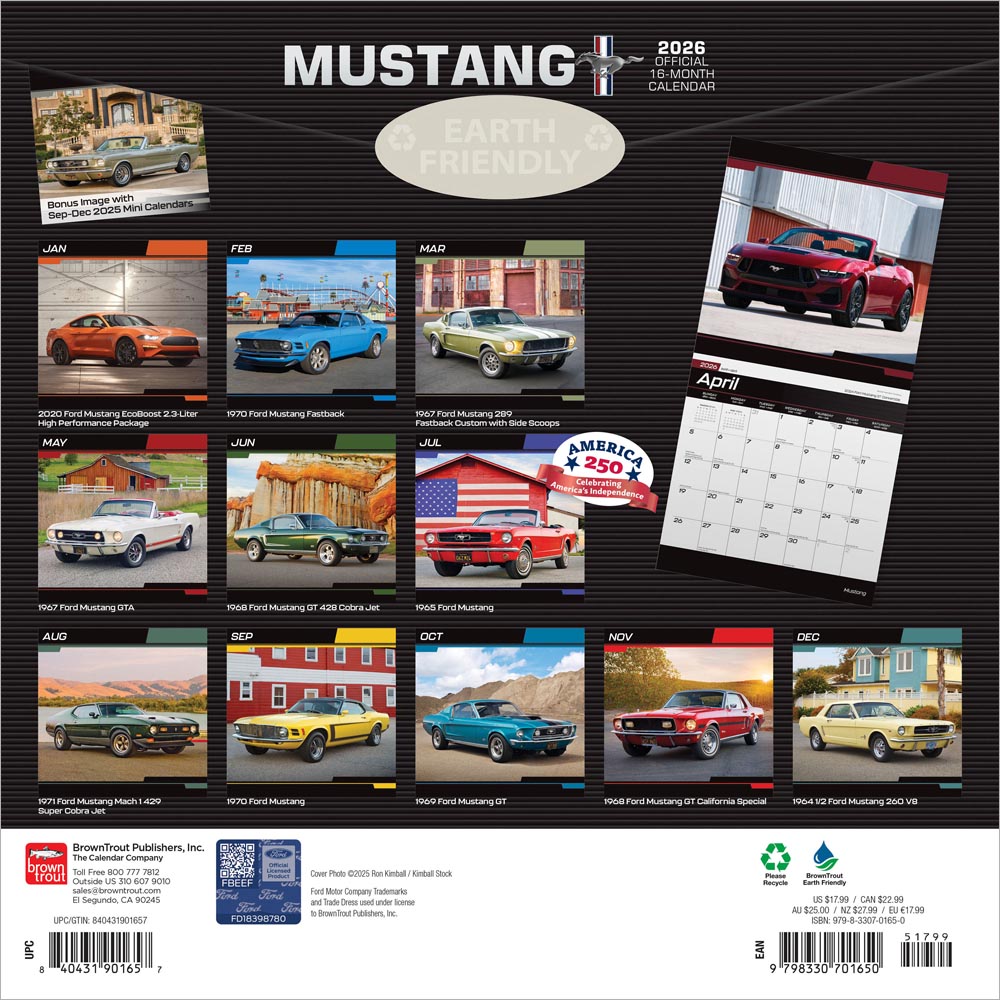 Ford Mustang OFFICIAL | 2026 12 x 24 Inch (Hanging) Monthly Square Wall Calendar | Foil Stamped Cover