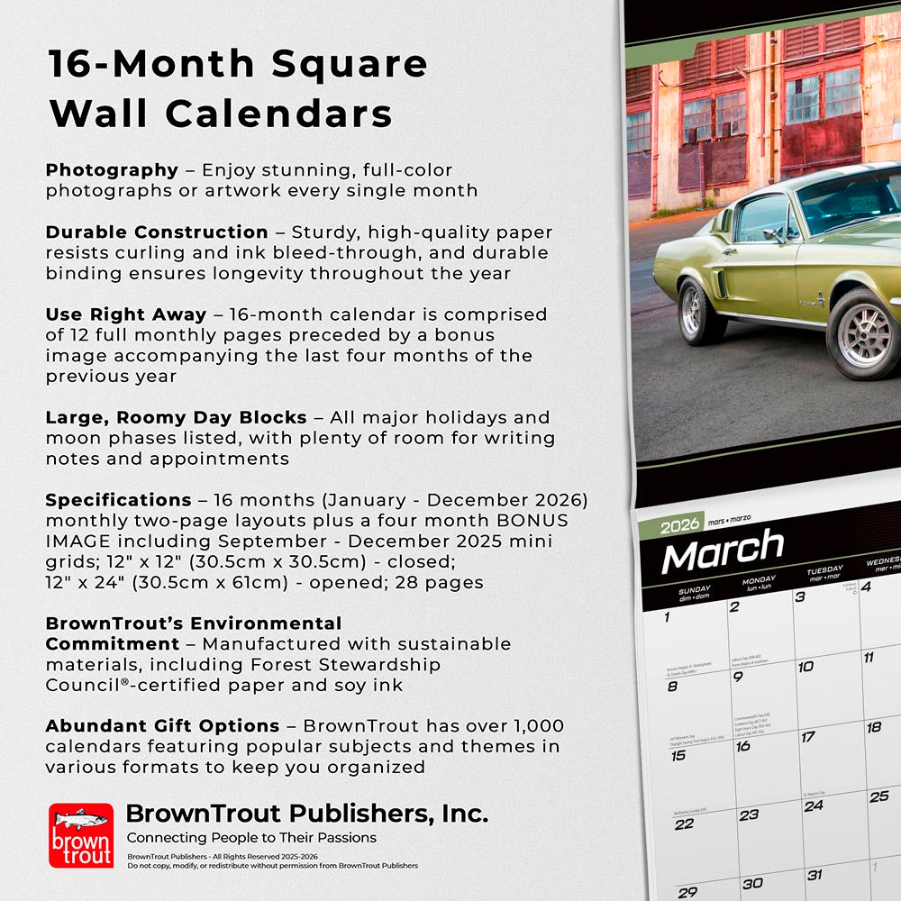 Ford Mustang OFFICIAL | 2026 12 x 24 Inch (Hanging) Monthly Square Wall Calendar | Foil Stamped Cover