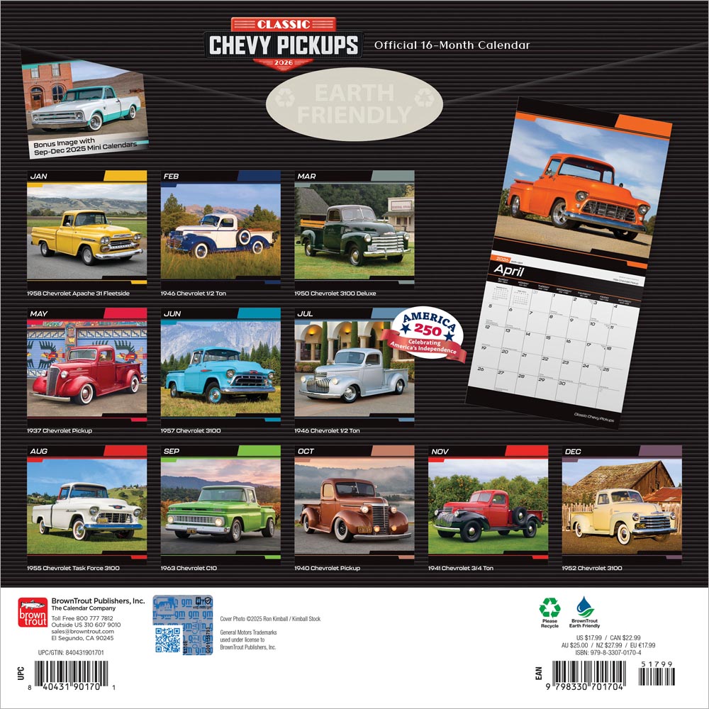 Classic Chevy Pickups OFFICIAL | 2026 12 x 24 Inch (Hanging) Monthly Square Wall Calendar | Foil Stamped Cover