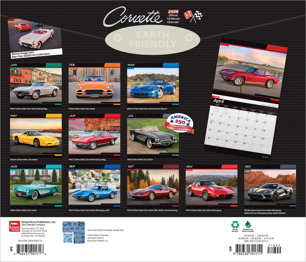 Corvette OFFICIAL | 2026 14 x 24 Inch (Hanging) Monthly Deluxe Wall Calendar | Foil Stamped Cover