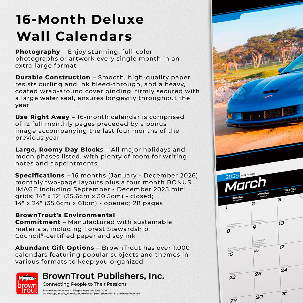 Corvette OFFICIAL | 2026 14 x 24 Inch (Hanging) Monthly Deluxe Wall Calendar | Foil Stamped Cover