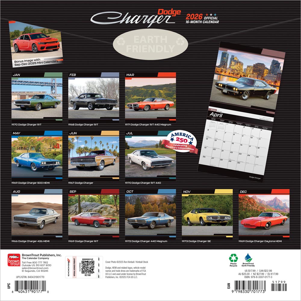 Dodge Charger OFFICIAL | 2026 12 x 24 Inch (Hanging) Monthly Square Wall Calendar | Foil Stamped Cover