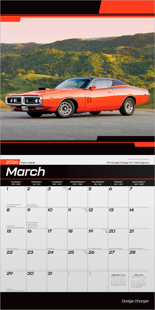 Dodge Charger OFFICIAL | 2026 12 x 24 Inch (Hanging) Monthly Square Wall Calendar | Foil Stamped Cover