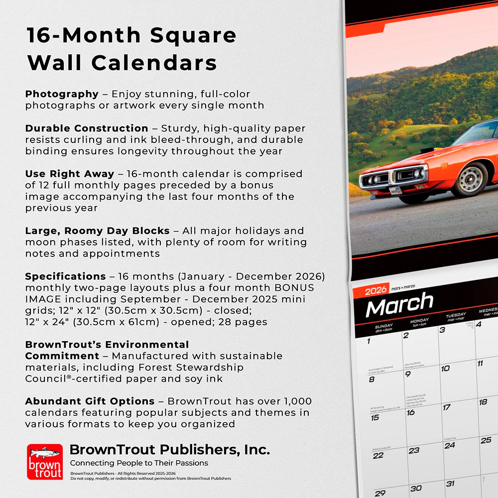Dodge Charger OFFICIAL | 2026 12 x 24 Inch (Hanging) Monthly Square Wall Calendar | Foil Stamped Cover