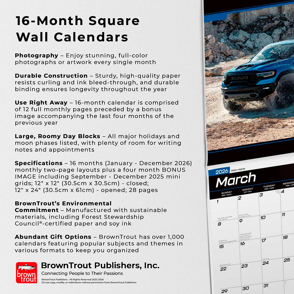 Ram Trucks OFFICIAL | 2026 12 x 24 Inch (Hanging) Monthly Square Wall Calendar | Foil Stamped Cover