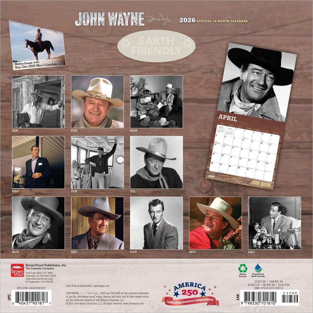 John Wayne OFFICIAL | 2026 12 x 24 Inch (Hanging) Monthly Square Wall Calendar | Foil Stamped Cover