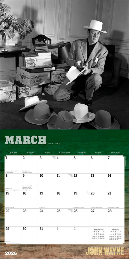 John Wayne OFFICIAL | 2026 12 x 24 Inch (Hanging) Monthly Square Wall Calendar | Foil Stamped Cover