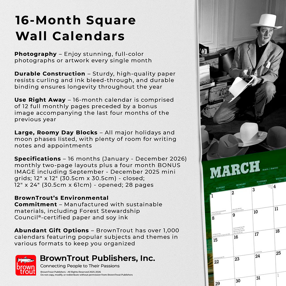 John Wayne OFFICIAL | 2026 12 x 24 Inch (Hanging) Monthly Square Wall Calendar | Foil Stamped Cover