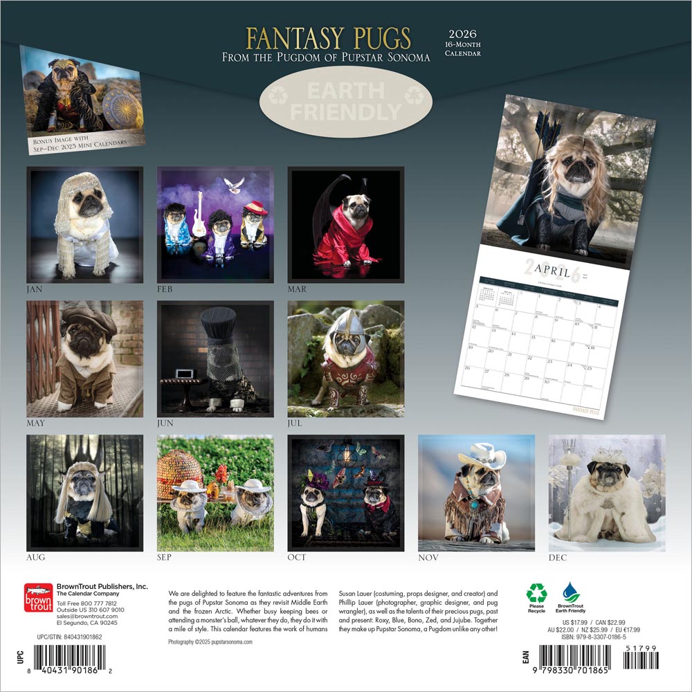 Fantasy Pugs OFFICIAL | 2026 12 x 24 Inch (Hanging) Monthly Square Wall Calendar | Foil Stamped Cover