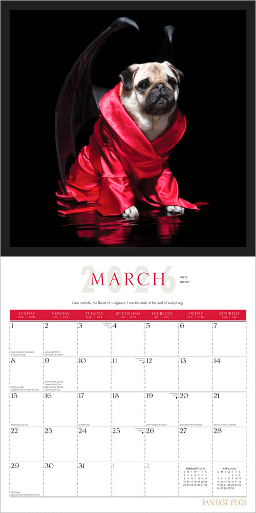 Fantasy Pugs OFFICIAL | 2026 12 x 24 Inch (Hanging) Monthly Square Wall Calendar | Foil Stamped Cover