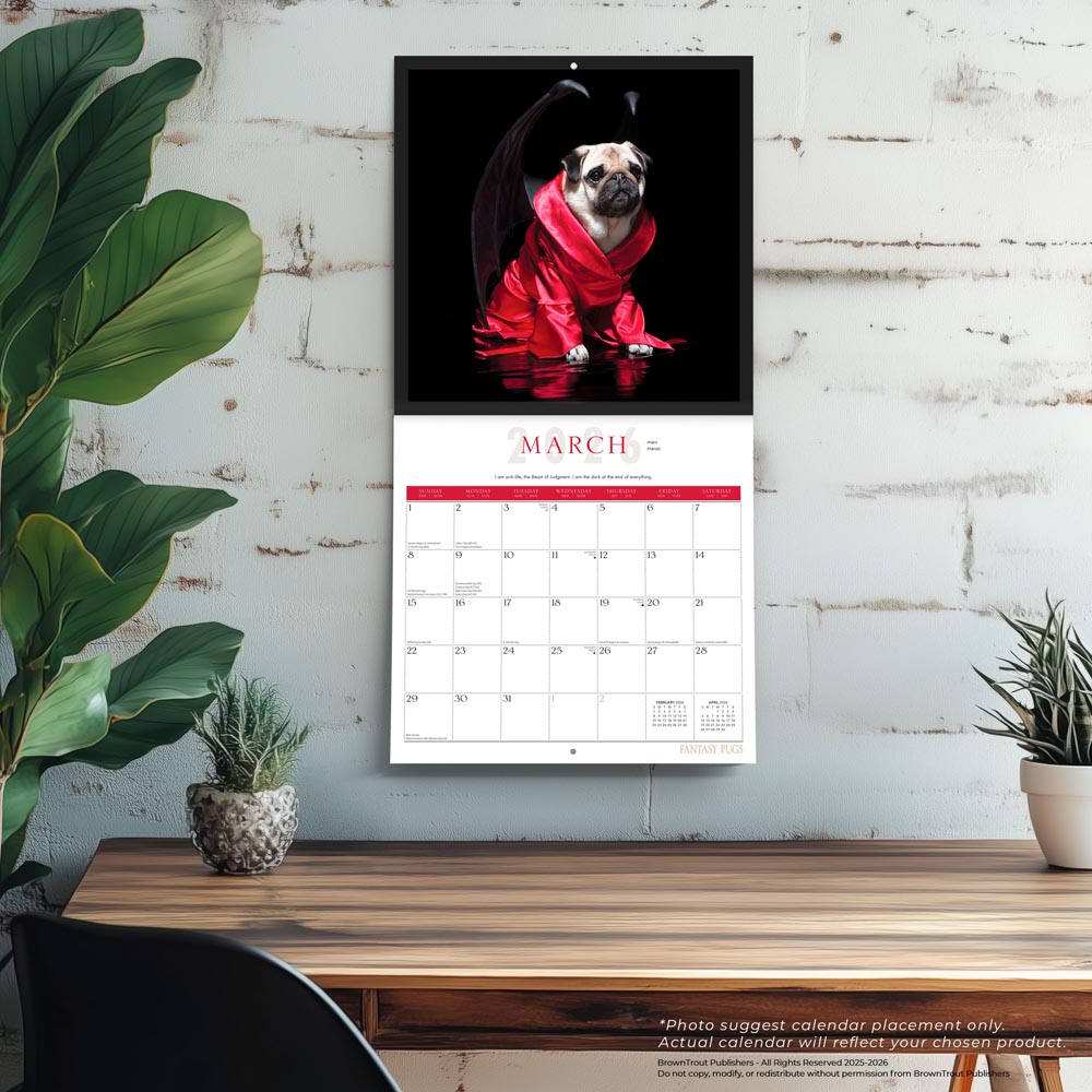 Fantasy Pugs OFFICIAL | 2026 12 x 24 Inch (Hanging) Monthly Square Wall Calendar | Foil Stamped Cover