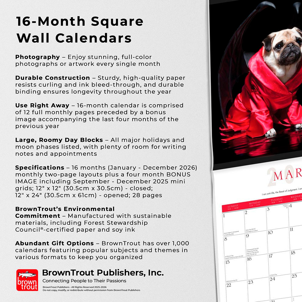 Fantasy Pugs OFFICIAL | 2026 12 x 24 Inch (Hanging) Monthly Square Wall Calendar | Foil Stamped Cover