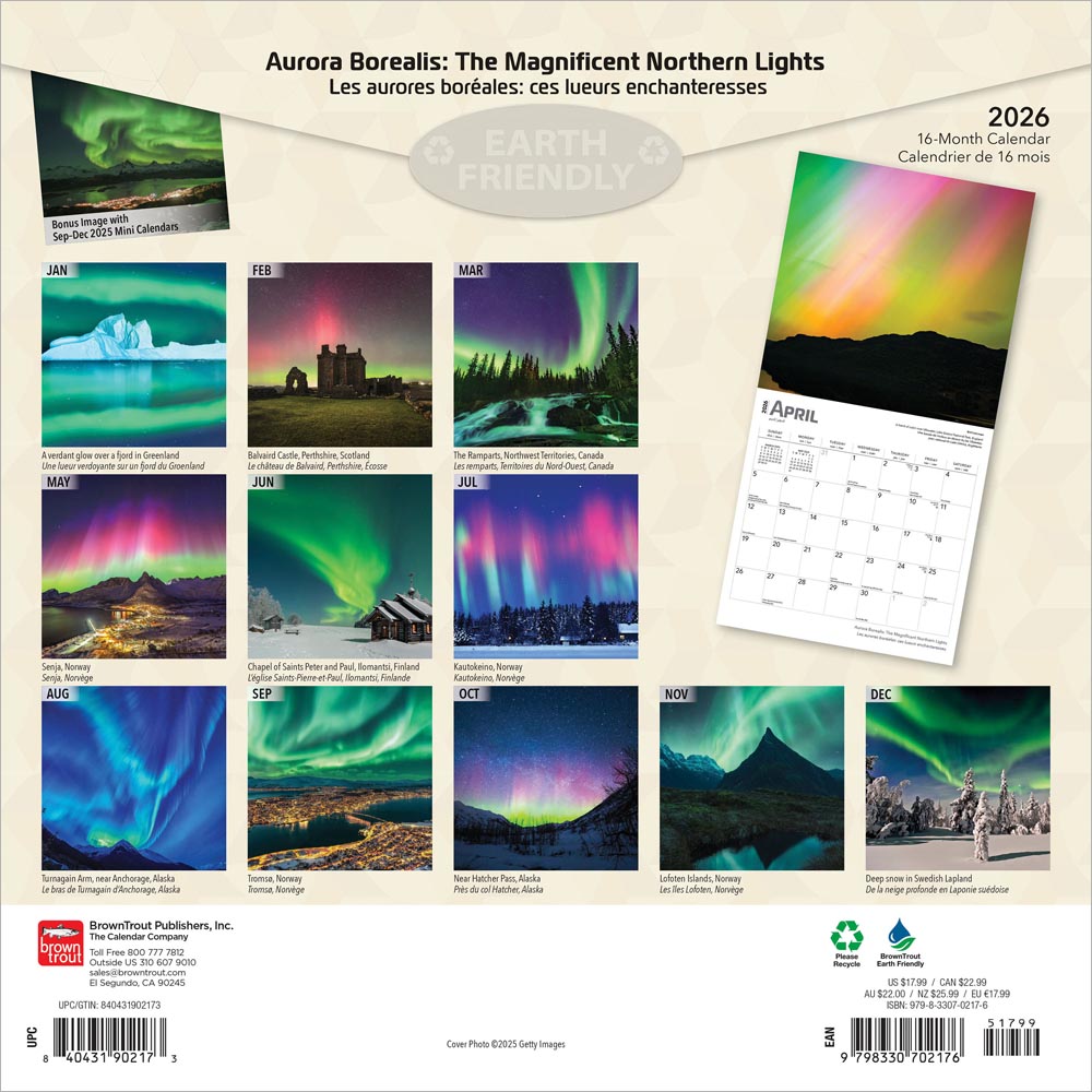 Aurora Borealis | 2026 12 x 24 Inch (Hanging) Monthly Square Wall Calendar | Foil Stamped Cover | English/French Bilingual