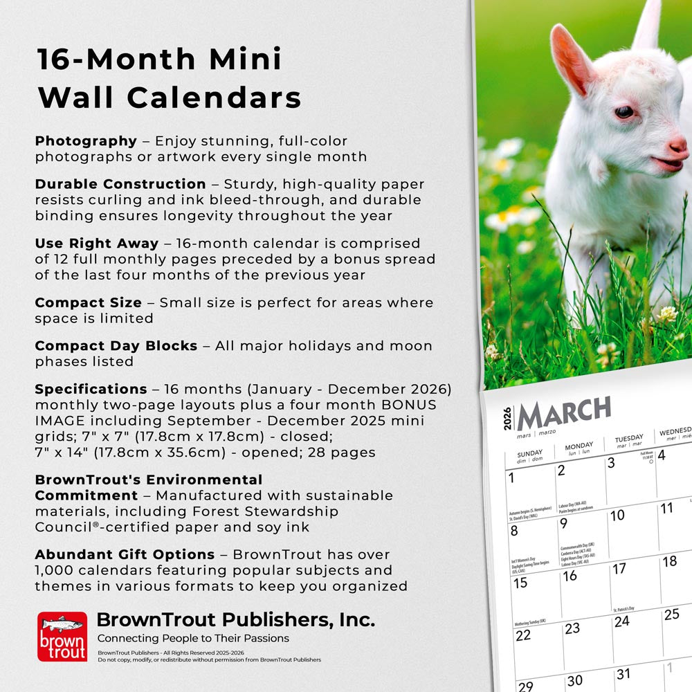 Baby Goats | 2026 7 x 14 Inch (Hanging) Monthly Mini Wall Calendar