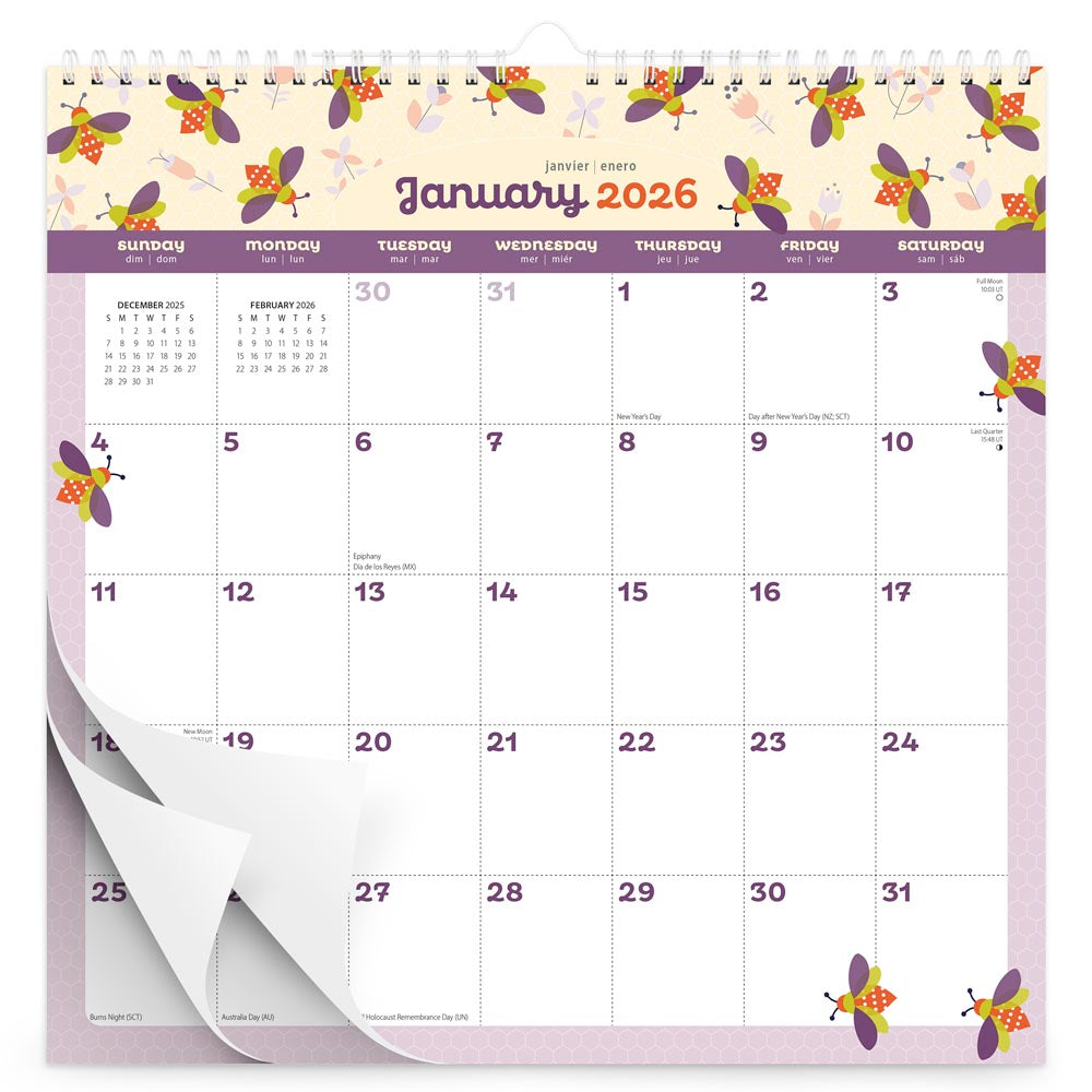 Busy Bees | 2026 12 x 12 Inch (Hanging) Monthly Square Wire-O Calendar | Sticker Sheet
