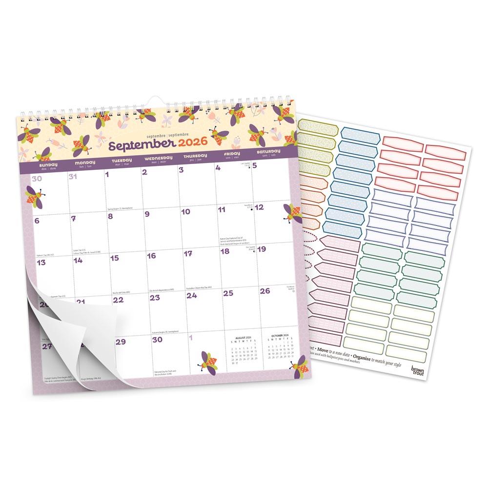 Busy Bees | 2026 12 x 12 Inch (Hanging) Monthly Square Wire-O Calendar | Sticker Sheet