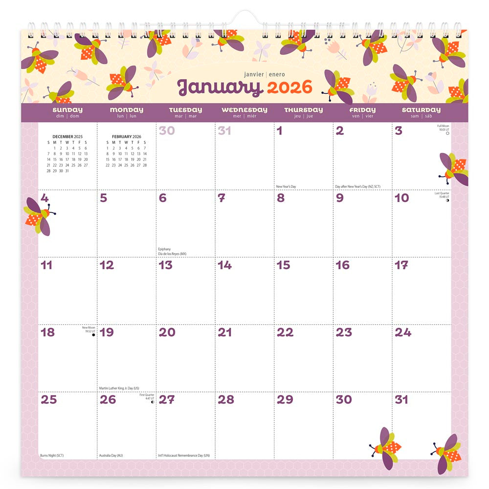 Busy Bees | 2026 12 x 12 Inch (Hanging) Monthly Square Wire-O Calendar | Sticker Sheet