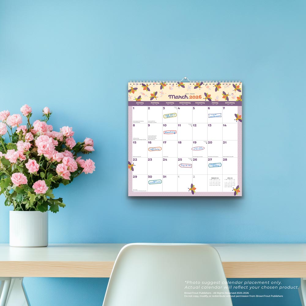 Busy Bees | 2026 12 x 12 Inch (Hanging) Monthly Square Wire-O Calendar | Sticker Sheet