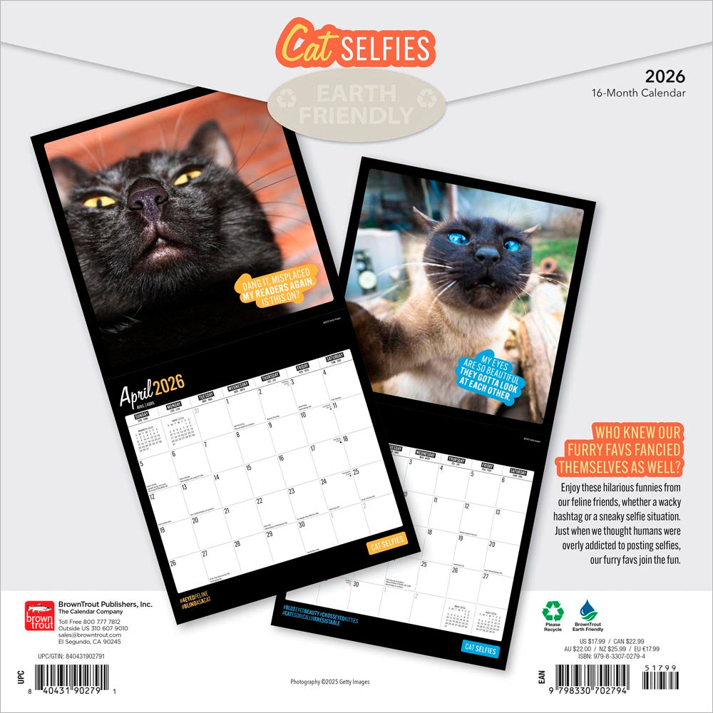 Cat Selfies | 2026 12 x 24 Inch (Hanging) Monthly Square Wall Calendar
