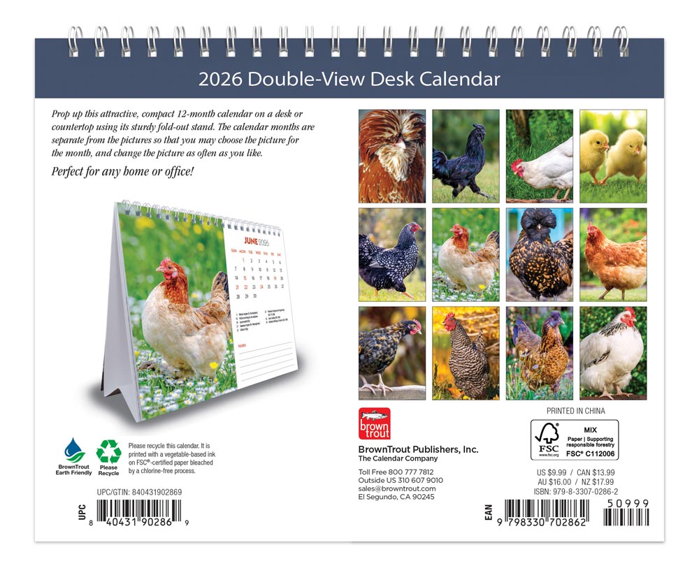 Chickens | 2026 7.5 x 6 Inch Monthly Double-View Easel Desk Calendar